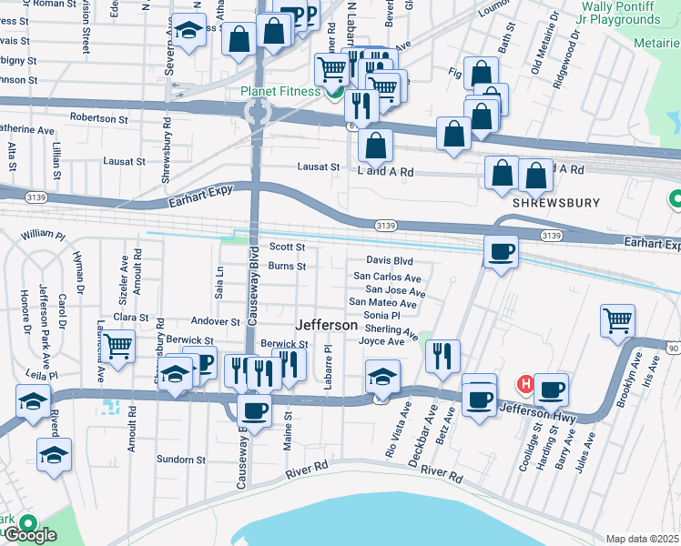 map of restaurants, bars, coffee shops, grocery stores, and more near 4 Labarre Court in Jefferson