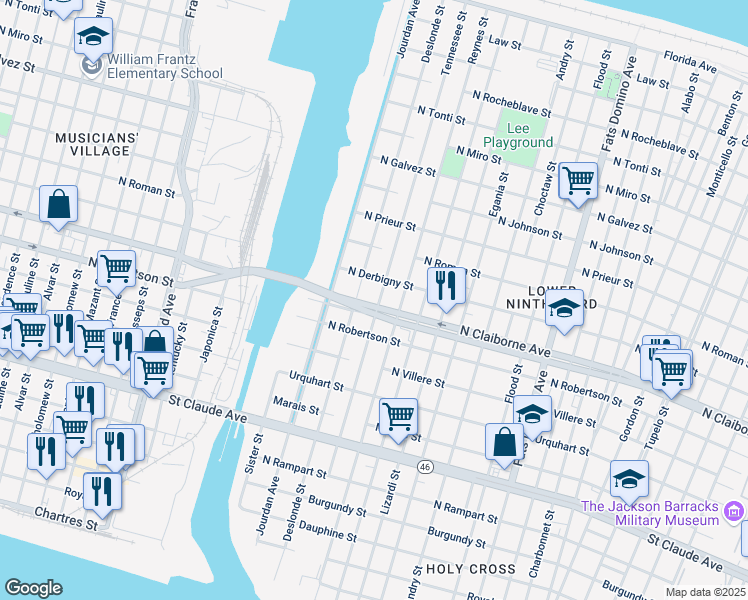 map of restaurants, bars, coffee shops, grocery stores, and more near 1608 Tennessee Street in New Orleans