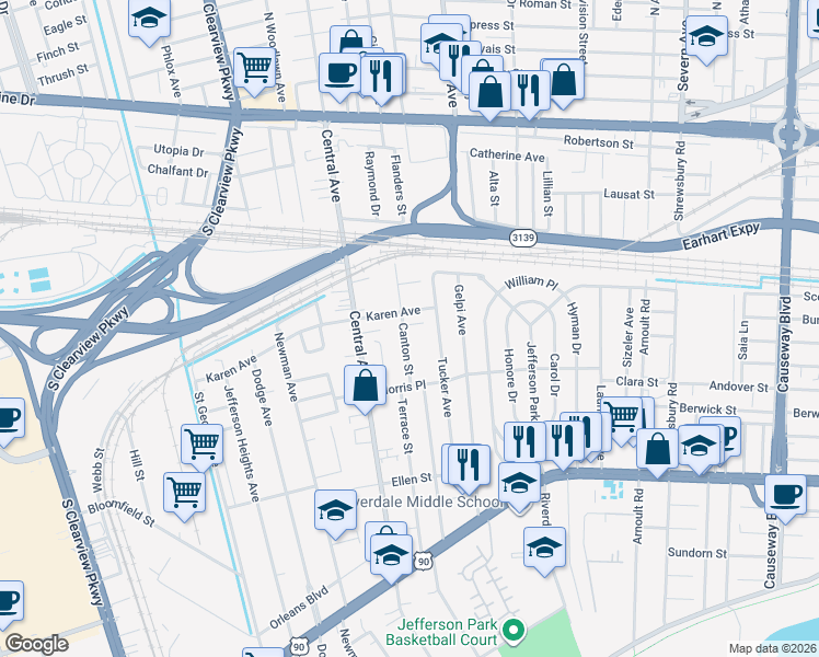 map of restaurants, bars, coffee shops, grocery stores, and more near 4210 Karen Avenue in Jefferson