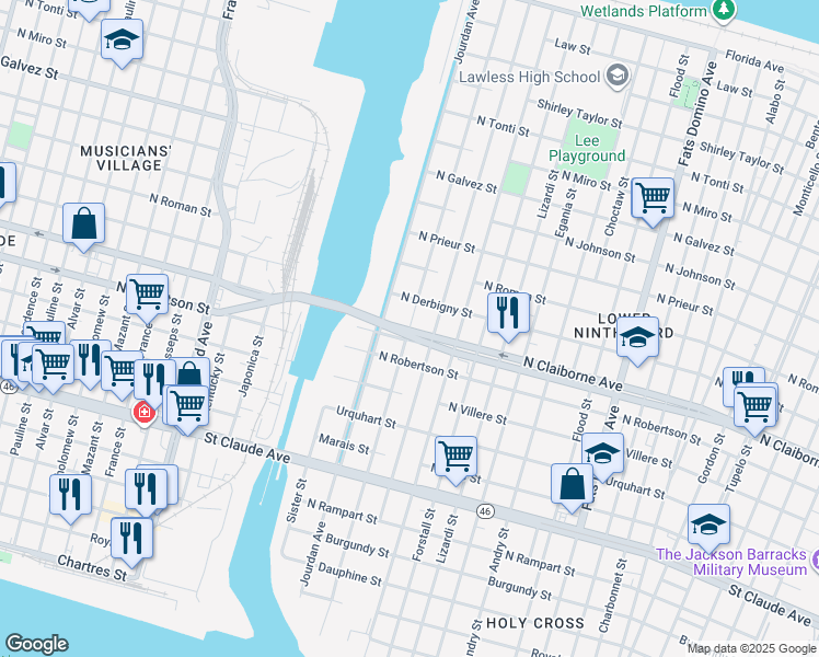 map of restaurants, bars, coffee shops, grocery stores, and more near Deslonde Street in New Orleans