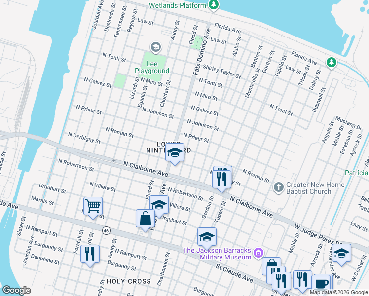 map of restaurants, bars, coffee shops, grocery stores, and more near 1821 Lamanche Street in New Orleans