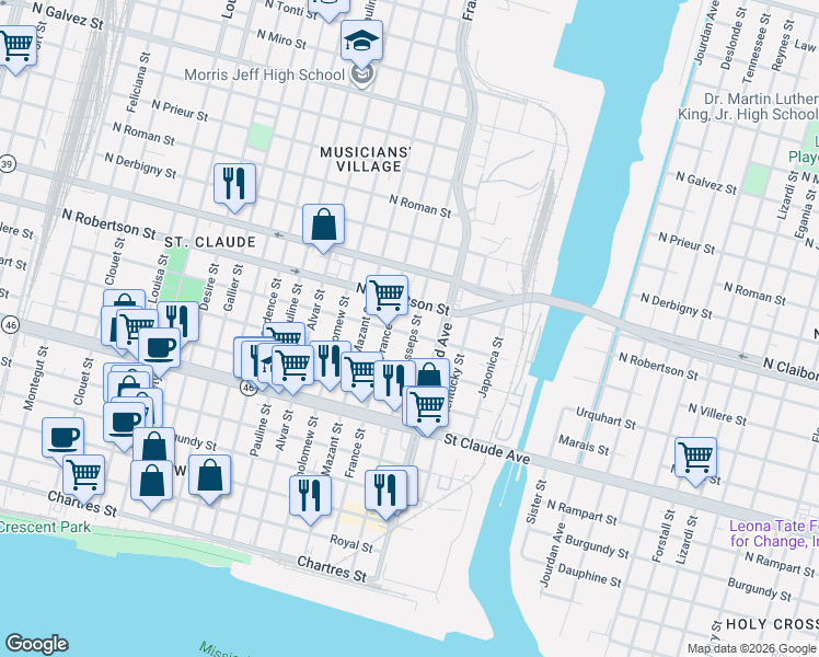 map of restaurants, bars, coffee shops, grocery stores, and more near 1416 Lesseps Street in New Orleans
