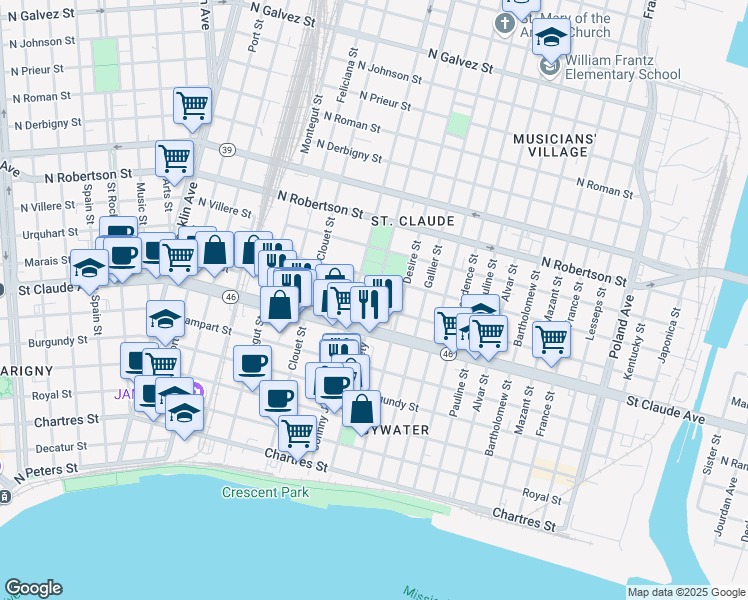 map of restaurants, bars, coffee shops, grocery stores, and more near 1215 Louisa Street in New Orleans