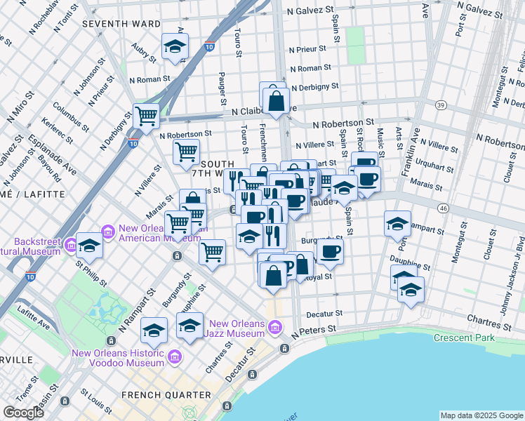 map of restaurants, bars, coffee shops, grocery stores, and more near 1114 Frenchmen Street in New Orleans