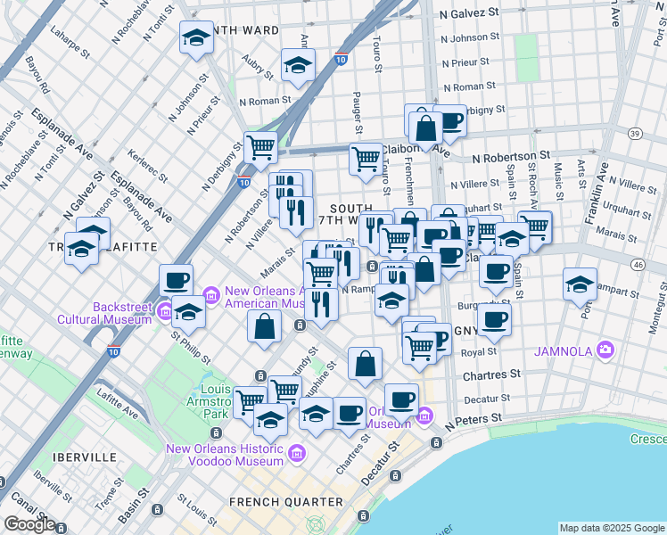 map of restaurants, bars, coffee shops, grocery stores, and more near 1803 Henriette Delille Street in New Orleans