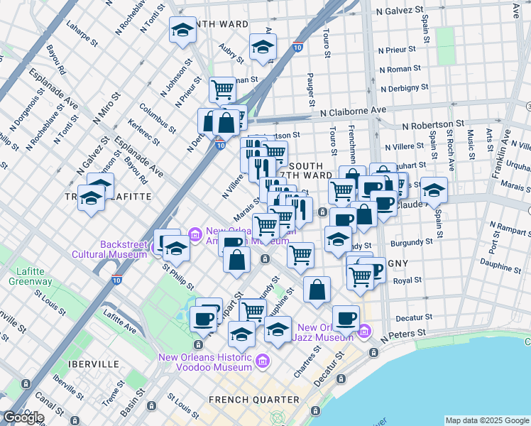 map of restaurants, bars, coffee shops, grocery stores, and more near in New Orleans