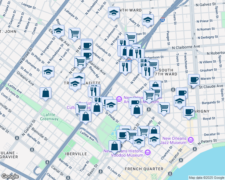 map of restaurants, bars, coffee shops, grocery stores, and more near in New Orleans