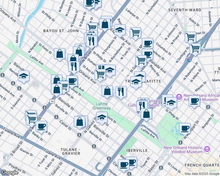 map of restaurants, bars, coffee shops, grocery stores, and more near 2300 Dumaine Street in New Orleans