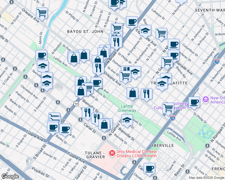 map of restaurants, bars, coffee shops, grocery stores, and more near 635 North Rocheblave Street in New Orleans