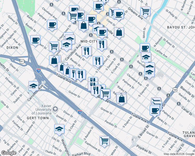 map of restaurants, bars, coffee shops, grocery stores, and more near 413 South Genois Street in New Orleans
