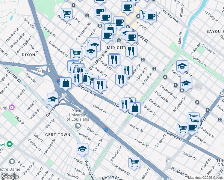 map of restaurants, bars, coffee shops, grocery stores, and more near 3824 D Hemecourt Street in New Orleans