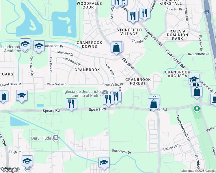 map of restaurants, bars, coffee shops, grocery stores, and more near 13803 Beckwith Drive in Houston