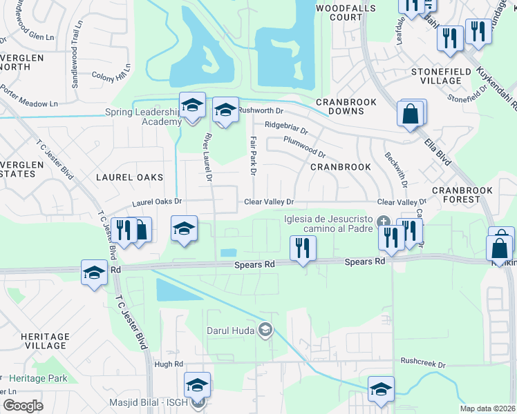 map of restaurants, bars, coffee shops, grocery stores, and more near 1731 Clear Valley Drive in Houston