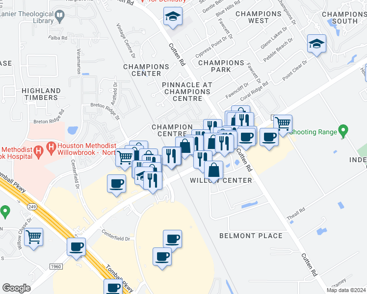 map of restaurants, bars, coffee shops, grocery stores, and more near 13223 Champions Plaza Drive in Houston
