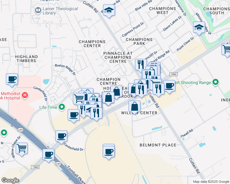 map of restaurants, bars, coffee shops, grocery stores, and more near 13223 Champions Plaza Drive in Houston