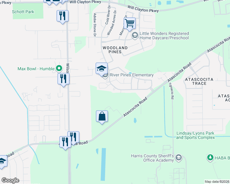 map of restaurants, bars, coffee shops, grocery stores, and more near 2503 Cold River Drive in Humble