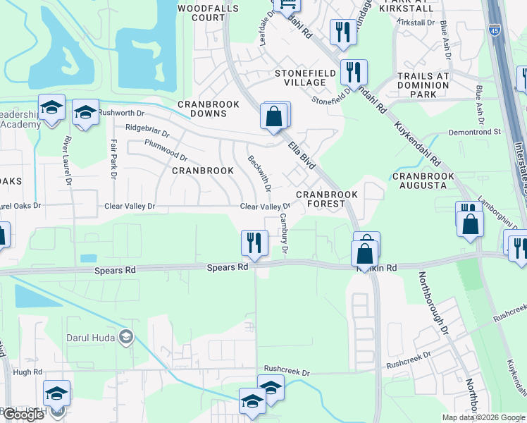 map of restaurants, bars, coffee shops, grocery stores, and more near 13803 Beckwith Drive in Houston