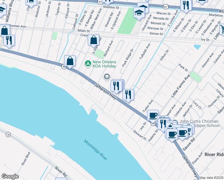 map of restaurants, bars, coffee shops, grocery stores, and more near 212 Florida Street in River Ridge