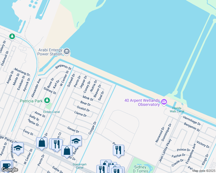 map of restaurants, bars, coffee shops, grocery stores, and more near 909 Cougar Drive in Arabi