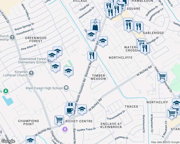 map of restaurants, bars, coffee shops, grocery stores, and more near 13222 Bammel North Houston Road in Houston