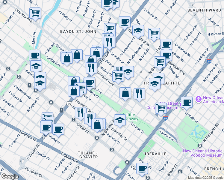 map of restaurants, bars, coffee shops, grocery stores, and more near 635 North Rocheblave Street in New Orleans