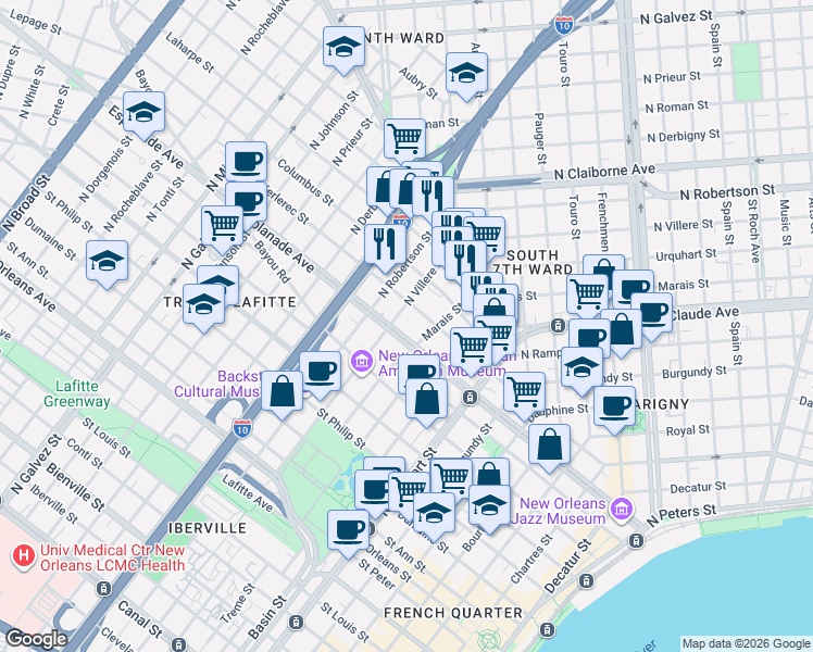 map of restaurants, bars, coffee shops, grocery stores, and more near 1336 Kerlerec Street in New Orleans