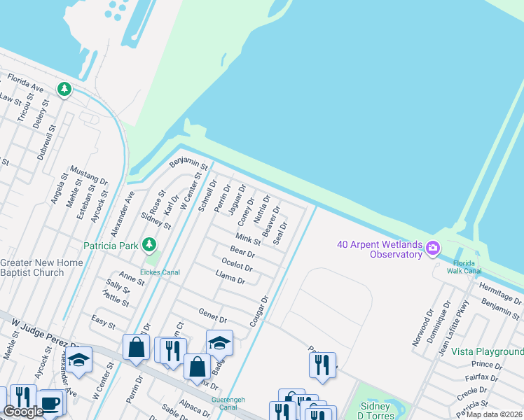 map of restaurants, bars, coffee shops, grocery stores, and more near 208 Nutria Drive in Arabi