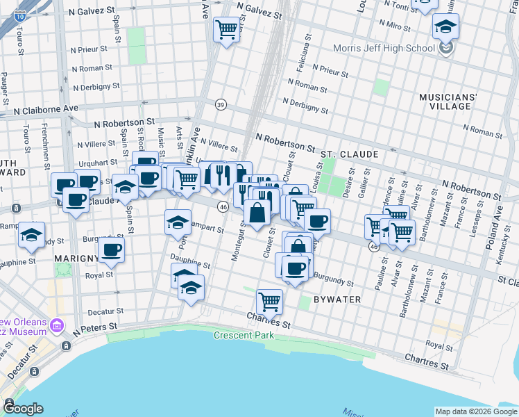 map of restaurants, bars, coffee shops, grocery stores, and more near 3032 Marais Street in New Orleans