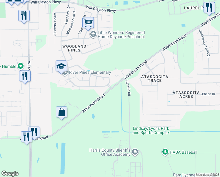 map of restaurants, bars, coffee shops, grocery stores, and more near 2730 Cold River Drive in Humble