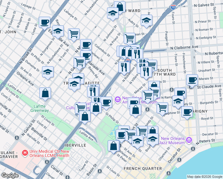map of restaurants, bars, coffee shops, grocery stores, and more near 1621 Governor Nicholls Street in New Orleans