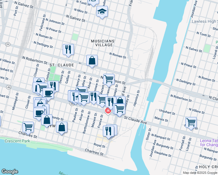 map of restaurants, bars, coffee shops, grocery stores, and more near in New Orleans