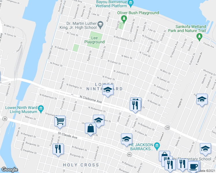 map of restaurants, bars, coffee shops, grocery stores, and more near North Roman Street in New Orleans