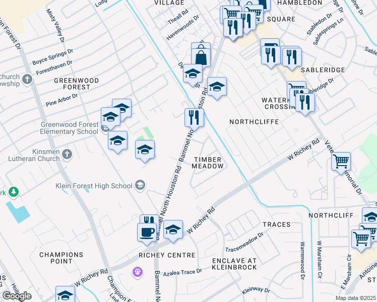 map of restaurants, bars, coffee shops, grocery stores, and more near 13222 Bammel North Houston Road in Houston
