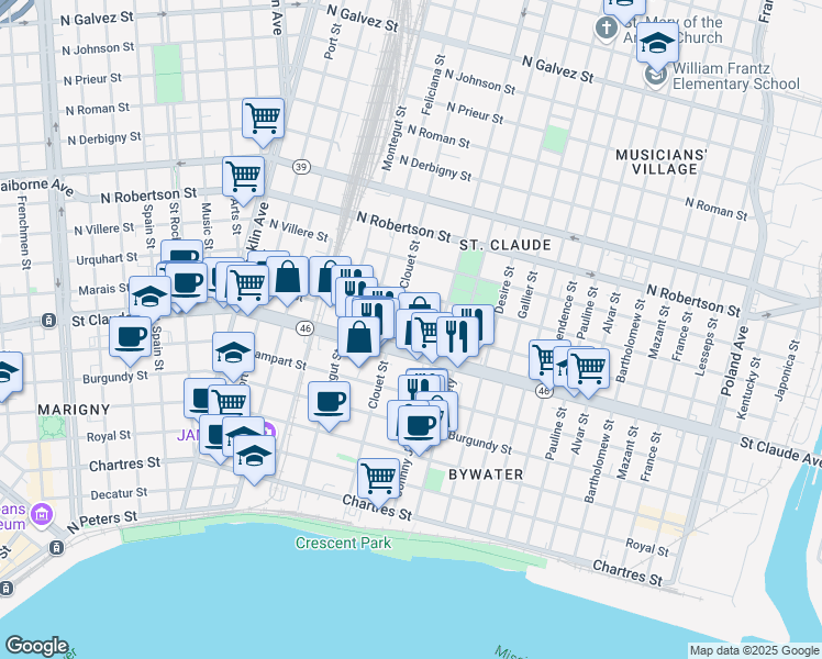 map of restaurants, bars, coffee shops, grocery stores, and more near 3113 Marais Street in New Orleans