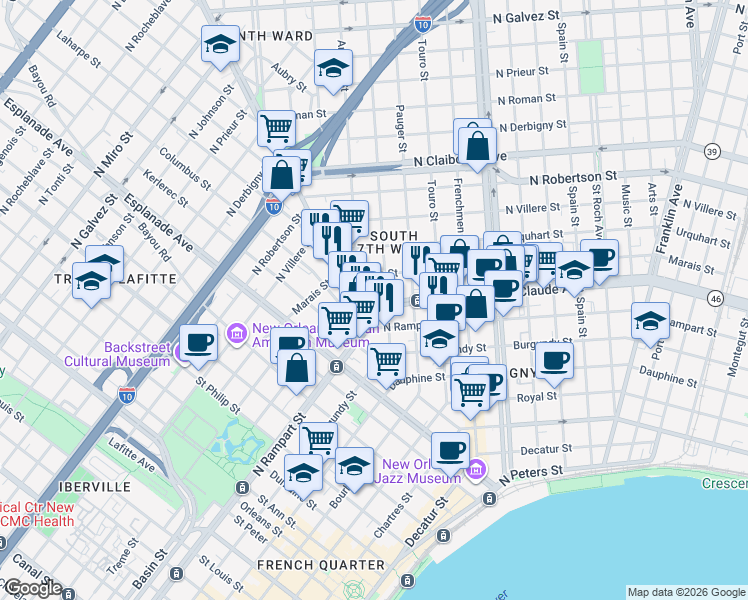 map of restaurants, bars, coffee shops, grocery stores, and more near 1803 Henriette Delille Street in New Orleans