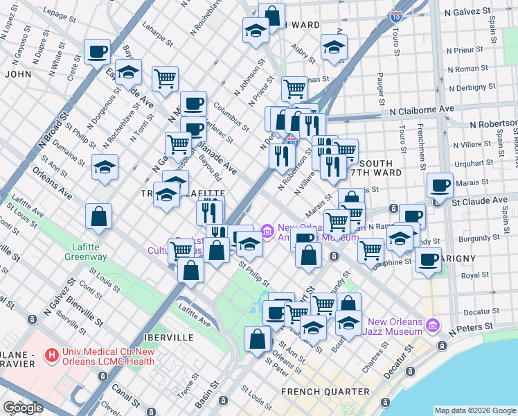 map of restaurants, bars, coffee shops, grocery stores, and more near 1621 Governor Nicholls Street in New Orleans