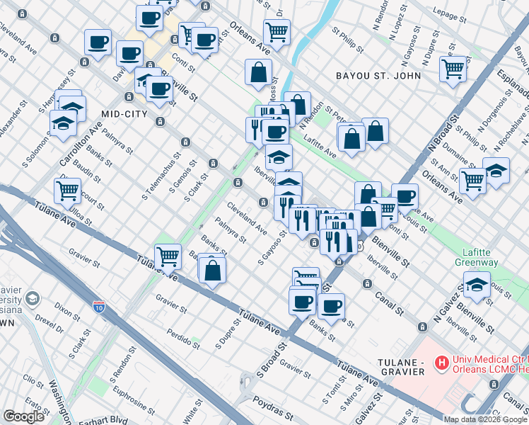 map of restaurants, bars, coffee shops, grocery stores, and more near in New Orleans