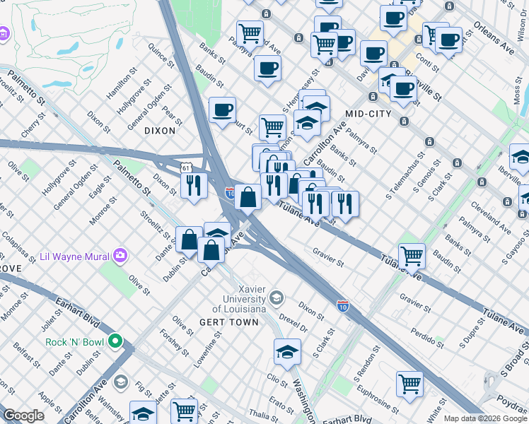 map of restaurants, bars, coffee shops, grocery stores, and more near in New Orleans