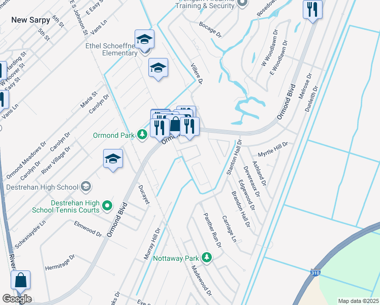 map of restaurants, bars, coffee shops, grocery stores, and more near 1952 Ormond Boulevard in Destrehan