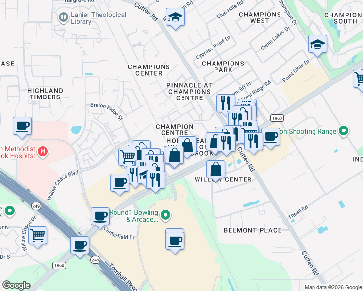 map of restaurants, bars, coffee shops, grocery stores, and more near 13223 Champions Plaza Drive in Houston