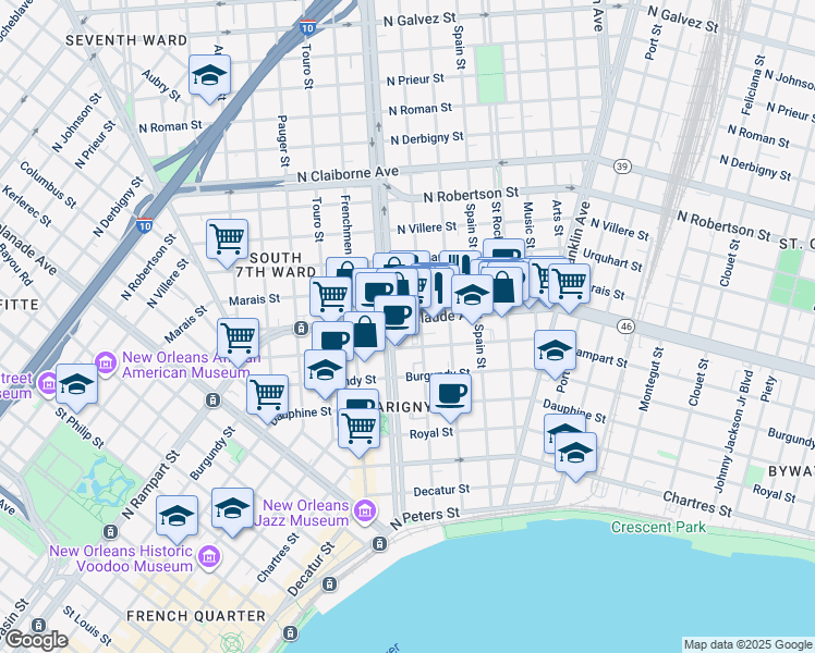 map of restaurants, bars, coffee shops, grocery stores, and more near 1040 Marigny Street in New Orleans