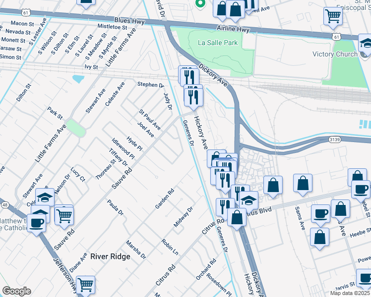 map of restaurants, bars, coffee shops, grocery stores, and more near 9813 Hawthorne Avenue in River Ridge