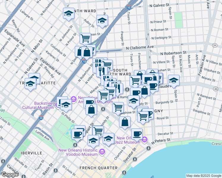 map of restaurants, bars, coffee shops, grocery stores, and more near in New Orleans