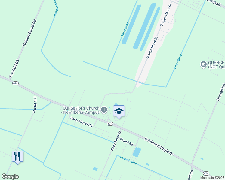 map of restaurants, bars, coffee shops, grocery stores, and more near 1206 Orange Grove Avenue in New Iberia