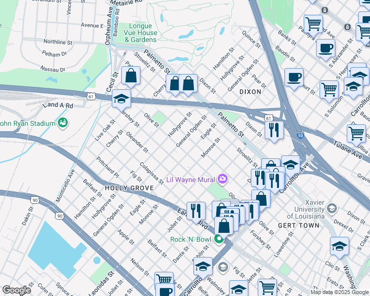 map of restaurants, bars, coffee shops, grocery stores, and more near 8821 Olive Street in New Orleans