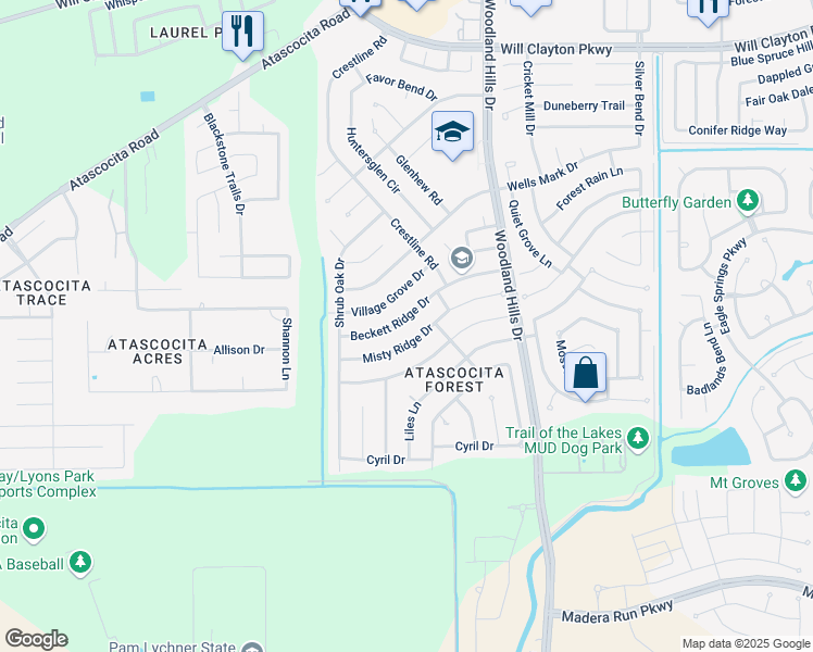map of restaurants, bars, coffee shops, grocery stores, and more near 3702 Beckett Ridge Drive in Humble
