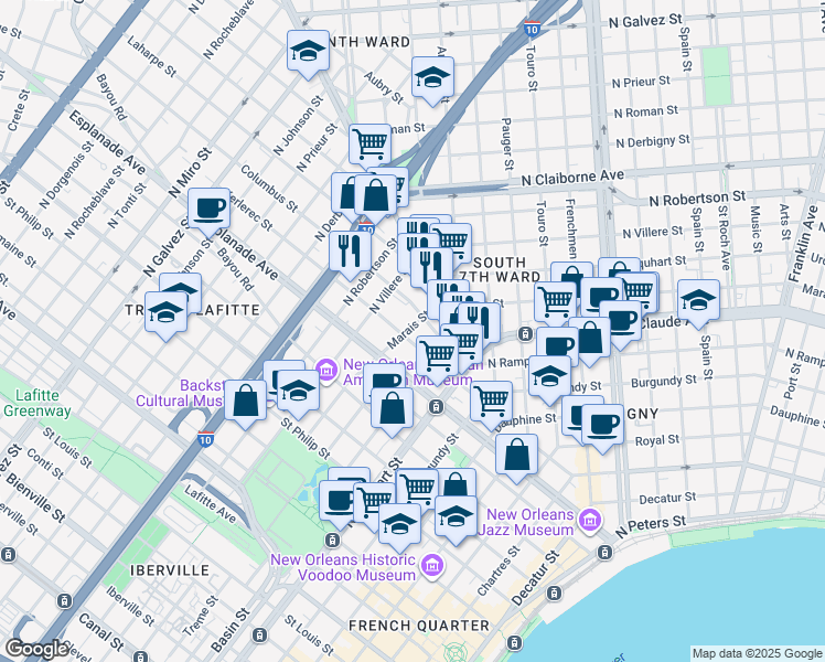 map of restaurants, bars, coffee shops, grocery stores, and more near 1462 Marais Street in New Orleans