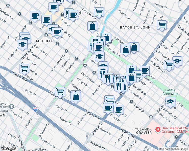 map of restaurants, bars, coffee shops, grocery stores, and more near in New Orleans