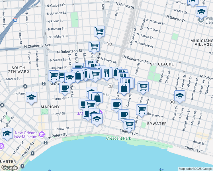 map of restaurants, bars, coffee shops, grocery stores, and more near 2812 Saint Claude Avenue in New Orleans