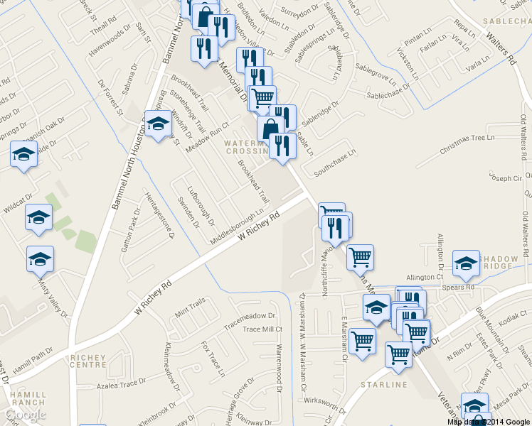map of restaurants, bars, coffee shops, grocery stores, and more near 12842 Middlesbrough Lane in Houston